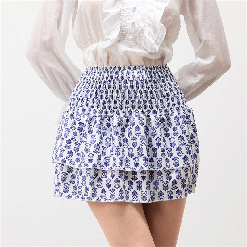 Minifalda de verano para mujer, con estampado floral, elástica, de cintura alta, con volantes escalonados, faldas cortas de corte A, faldas para salir, ropa de calle