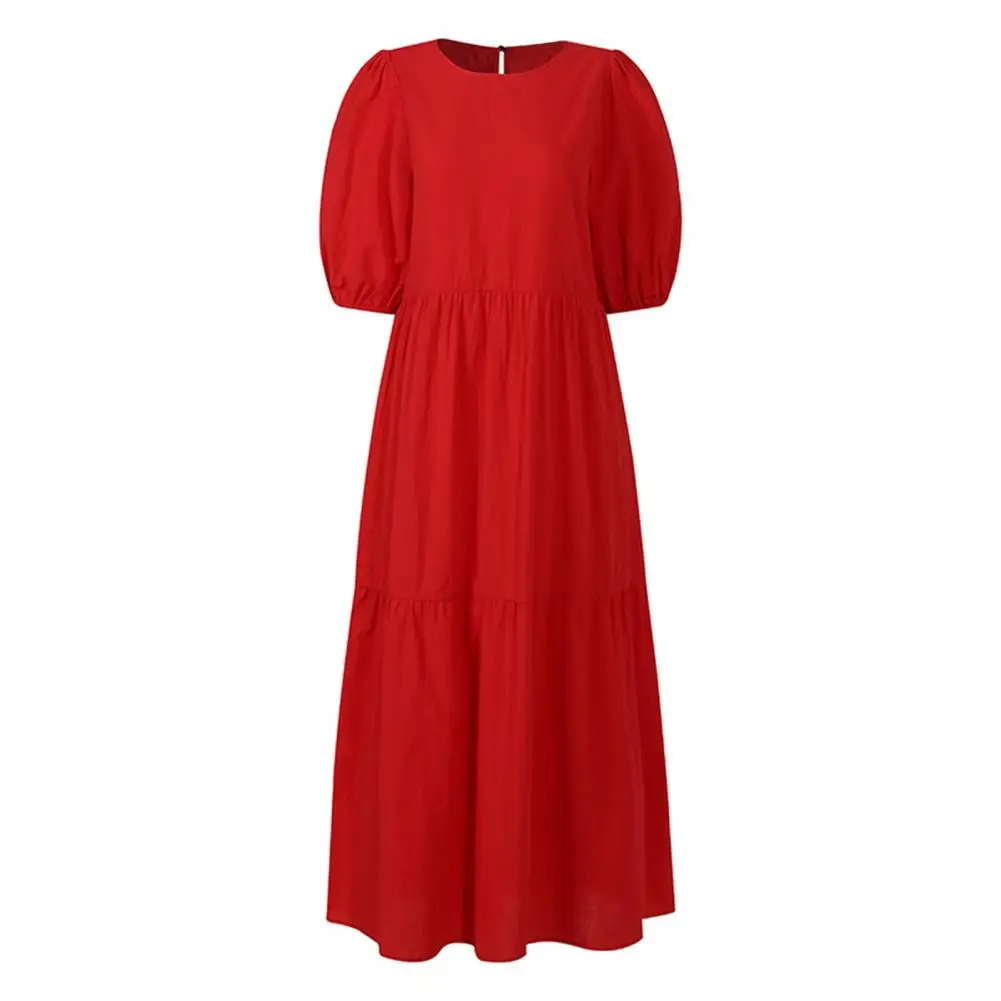 

Pleated Detail Dress Soft Breathable A-line Maxi Dress with Big Hem Short Sleeve for Women Crew Neck Patchwork Ankle Length