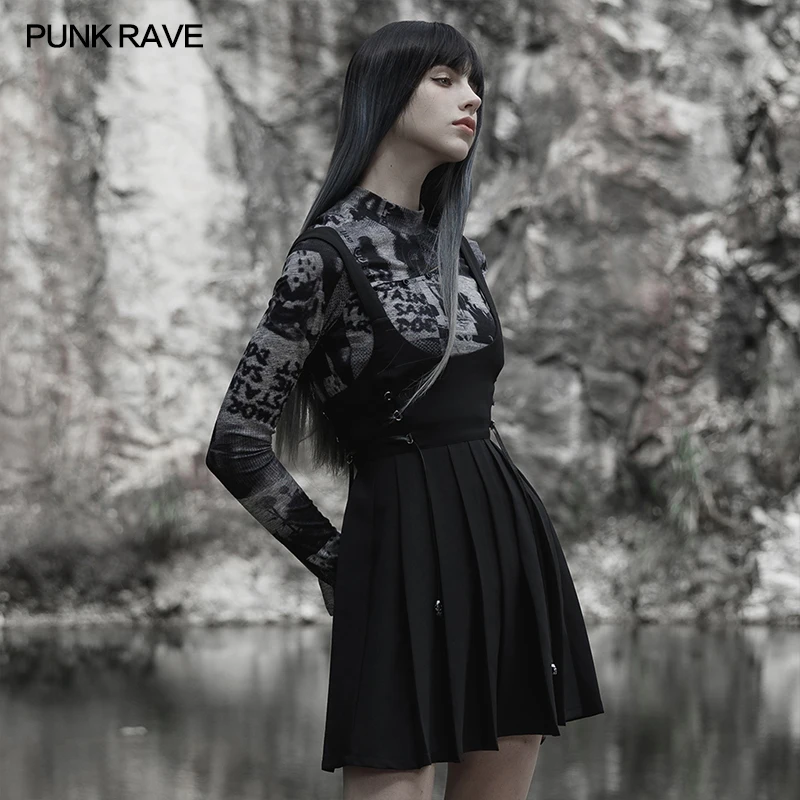Punk Rave Gothic Women's Black Pleated High Waisted Mini Dress with V Neck and Buckle Belt Straps