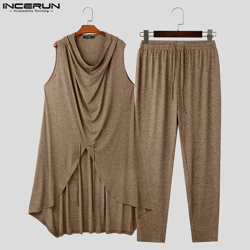 Fashion Casual Style Sets INCERUN New Men's Hooded Swinging Neck Sleeveless Drawstring Vests Pant Streetwear Two-piece Sets 2024 4