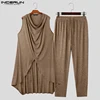 Fashion Casual Style Sets INCERUN New Men's Hooded Swinging Neck Sleeveless Drawstring Vests Pant Streetwear Two-piece Sets 2024 4