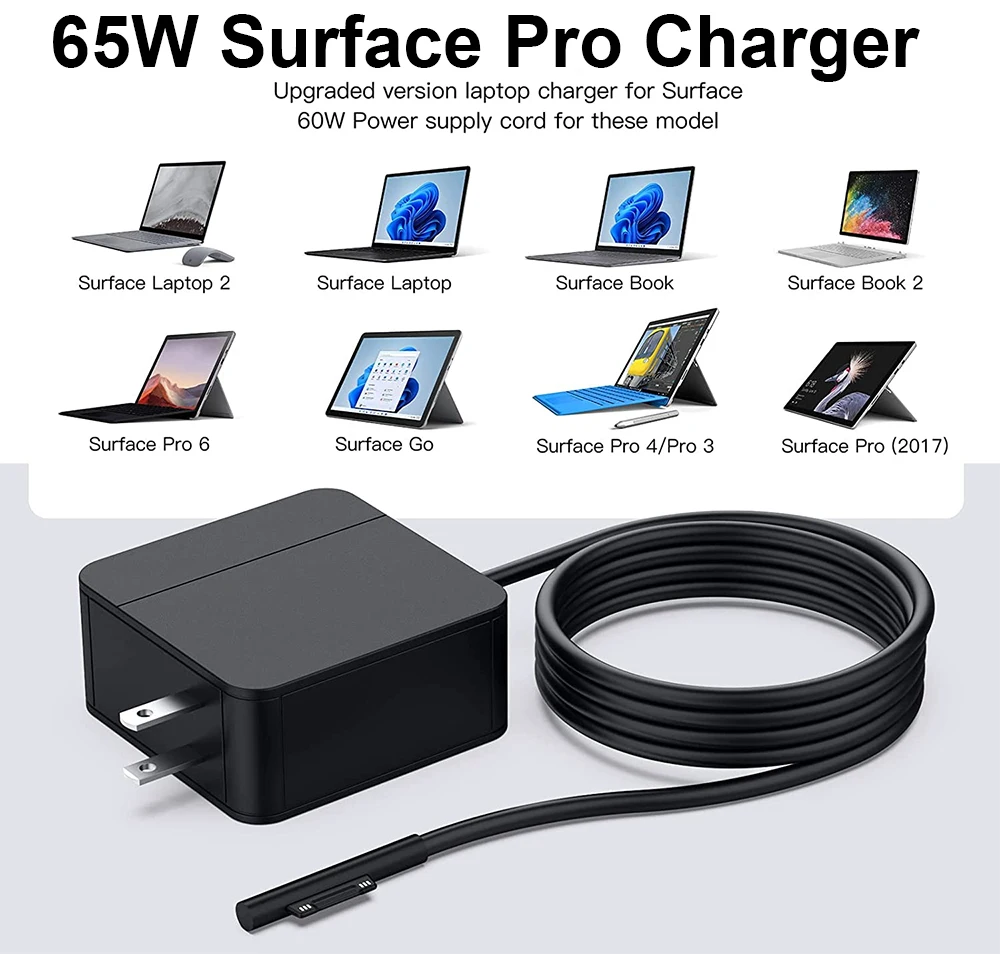 Caricabatterie Da 65W Adatto Per Microsoft Surface Pro 3 4 5 6 7 8 X,Surface Laptop 2 3 4,Surface Book 3,Surface Go 2 3,Surface Laptop Go