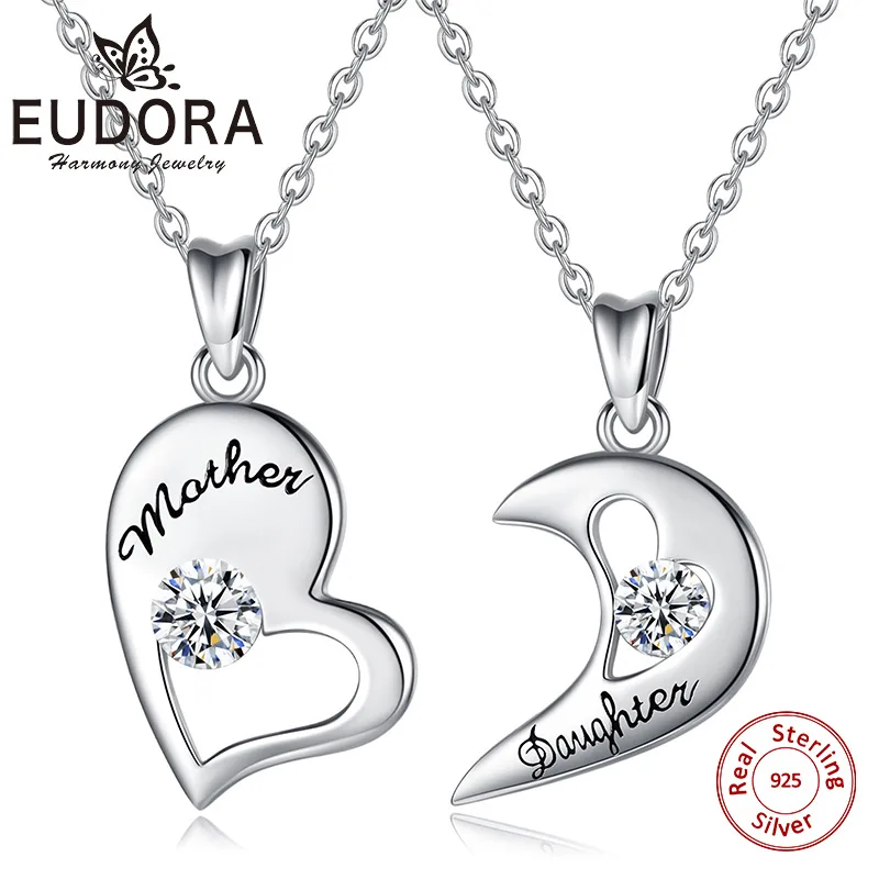 

EUDORA 925 Sterling Silver Mother Daughter Heart Pendant Necklace Fashion Simple Silver Rose Gold Mom Daughter Jewelry for Women