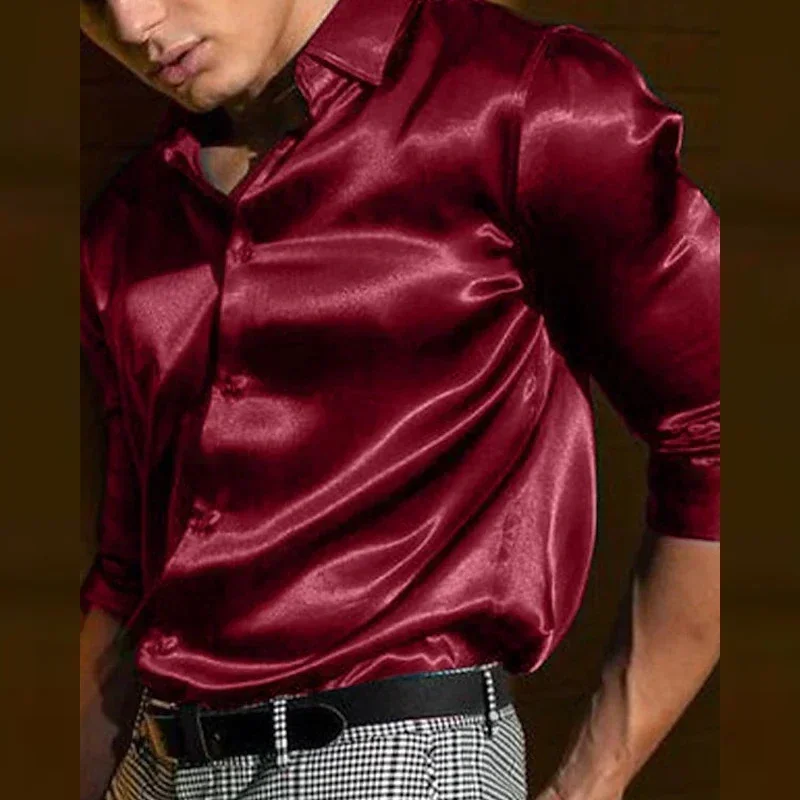 Description Picture 6 of itemSummer men's shirt Long sleeve sleeve shirt Party Evening dress Holiday Top T-shirt Silk red Golden Ceremony top Silk skating co