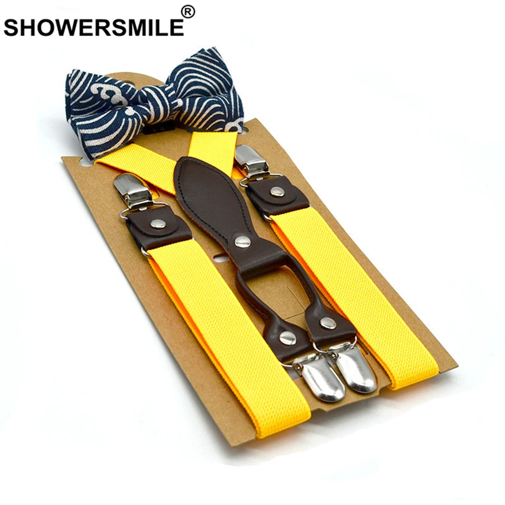SHOWERSMILE British Style Boys Suspenders with Bow Tie Orange Yellow Kids Suspenders Solid Wedding Braces for Children 65cm*2.5