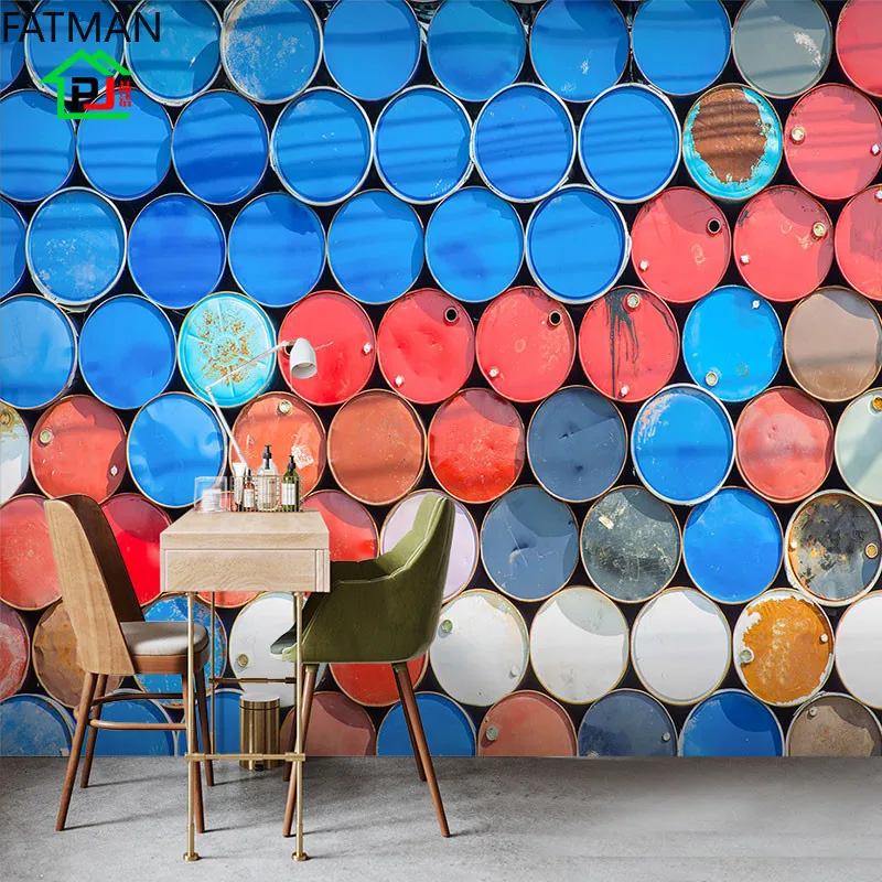 FATMAN Custom Background Wall Milk Tea Shop Internet Cafe Bar Industrial Style Mural Retro Tin Color Barrel Wallpaper Dropship |