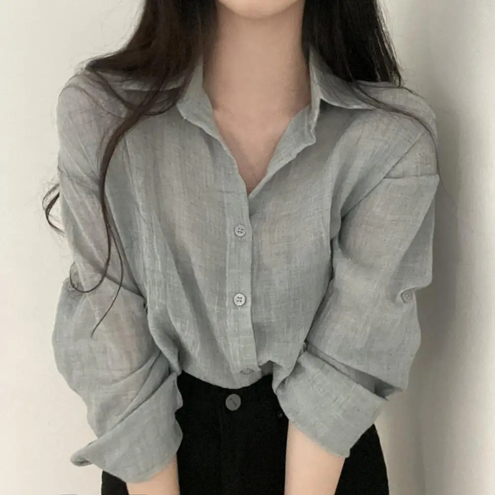 

Chic Cardigan Shirt Lapel Thin Shirt Top Women Solid Color Sun Protection Shirt