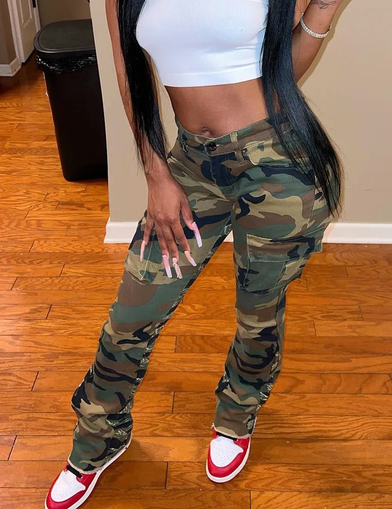 

Fashion Women Pants Slim Long Straight Pocket High Waist Zipper Button Spliced Camouflage Trousers Spring 2023 New O419
