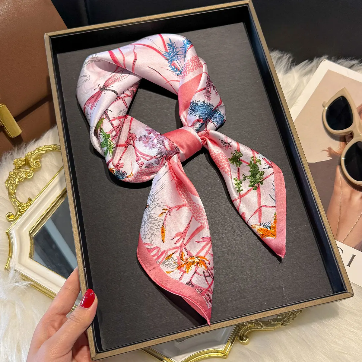 New Design Floral 70*70cm Silk Satin Hair Scarf Women Handkerchief Printed Female Square Head Bandana Small Neck Muffler Hijab