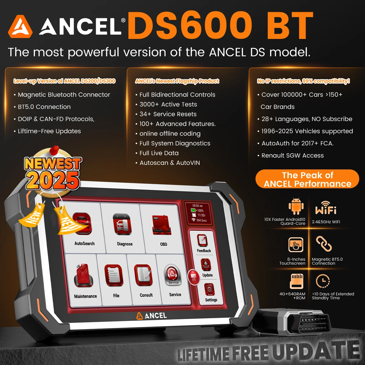 ANCEL DS600BT OBD2-Diagnosetool DOIP CANFD Bidirektionale Steuerung ECU-Codierung 34 Resets lebenslanges kostenloses Update vs. Thinkcar 689BT – Detail 2