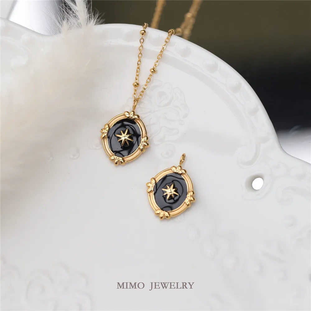 

Gold plated titanium steel retro palace style oval black drop oil pendant necklace DIY accessory