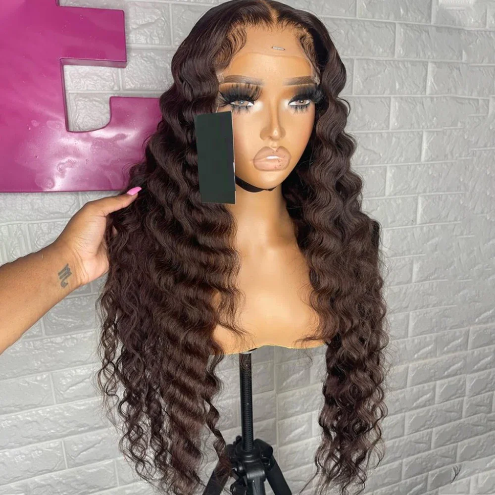 

Loose Deep Wave Chocolate Brown Lace Front Wigs Pre Plucked Synthetic Glueless Dark Brown Lace Frontal Crimp Curly Wig for Women
