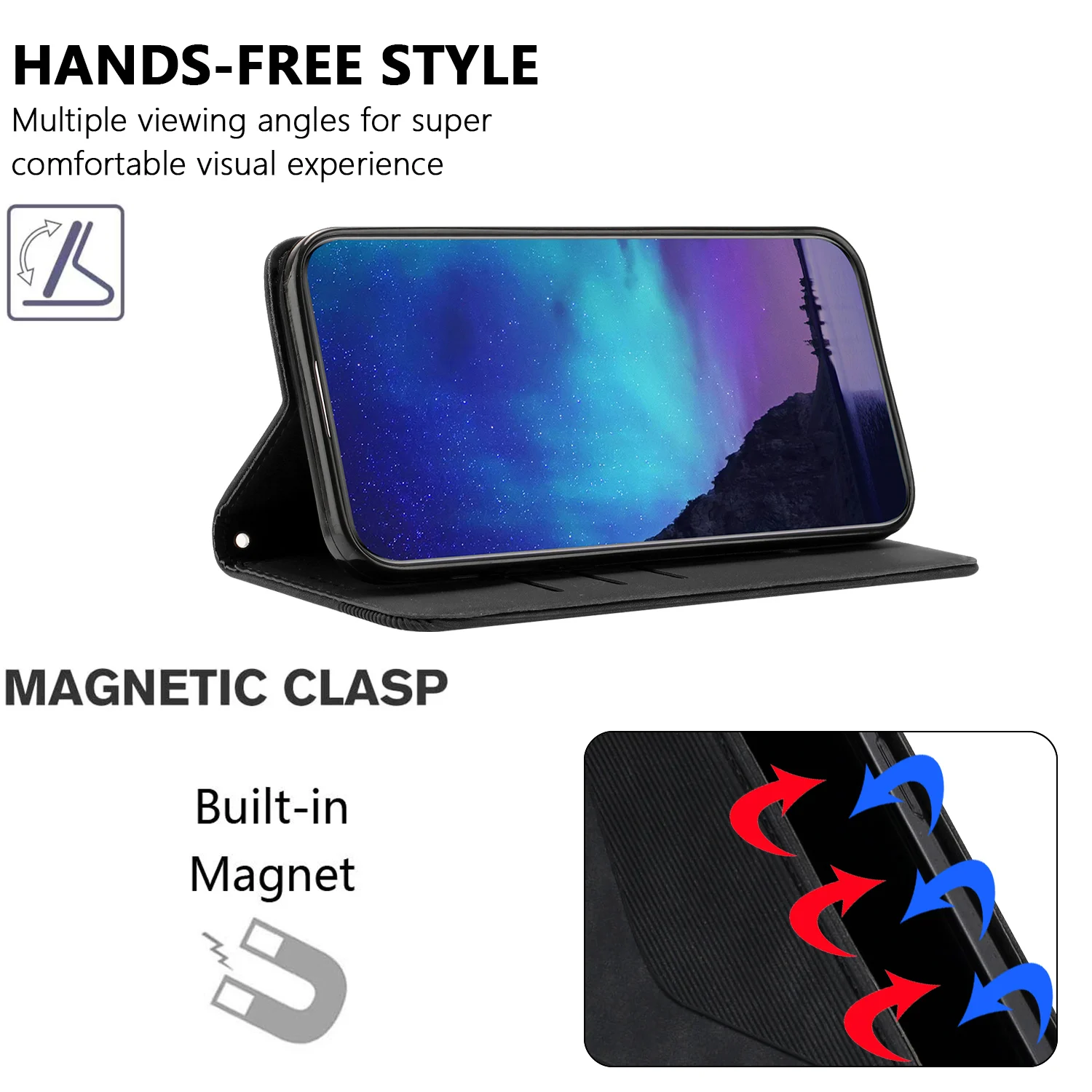 Magnetic Leather Flip Wallet Case with Card Holder and Stand