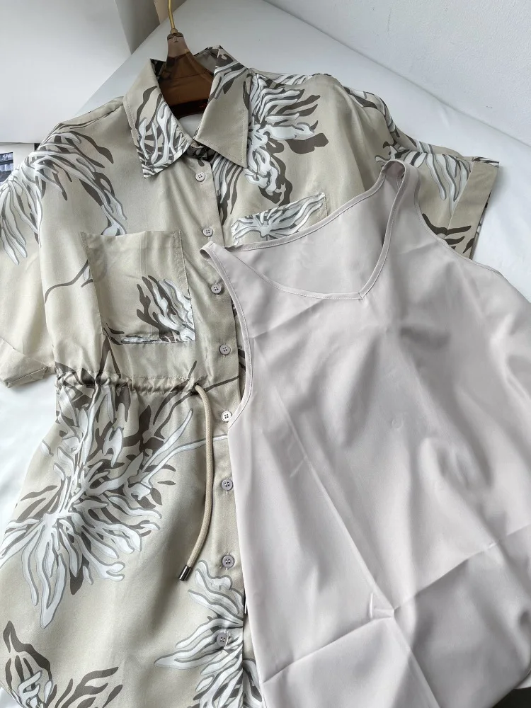 Silk Shirtdress    Women's Spring Summer Flower Printed Waist Tie Up Short Sleeve Casual dress womens Dresses for Woman in fawn beige