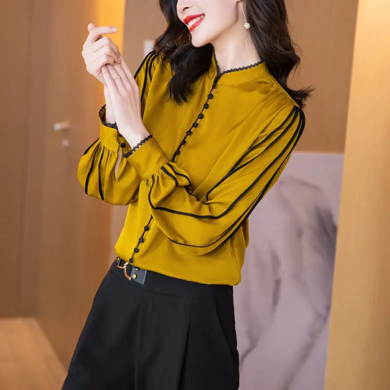 

Pure color heavy simulated silk blouse shirt female long -sleeved spring 2023 design sense satin imitation mulberry silk blouse