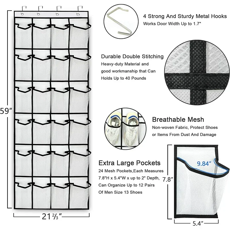 Description Picture 2 of item12/14 Pockets Over the Door Shoe Organizer Large Mesh Pockets With 4 Hooks Transparent Fabric Shoe Rack Storage Bag For Bedroom