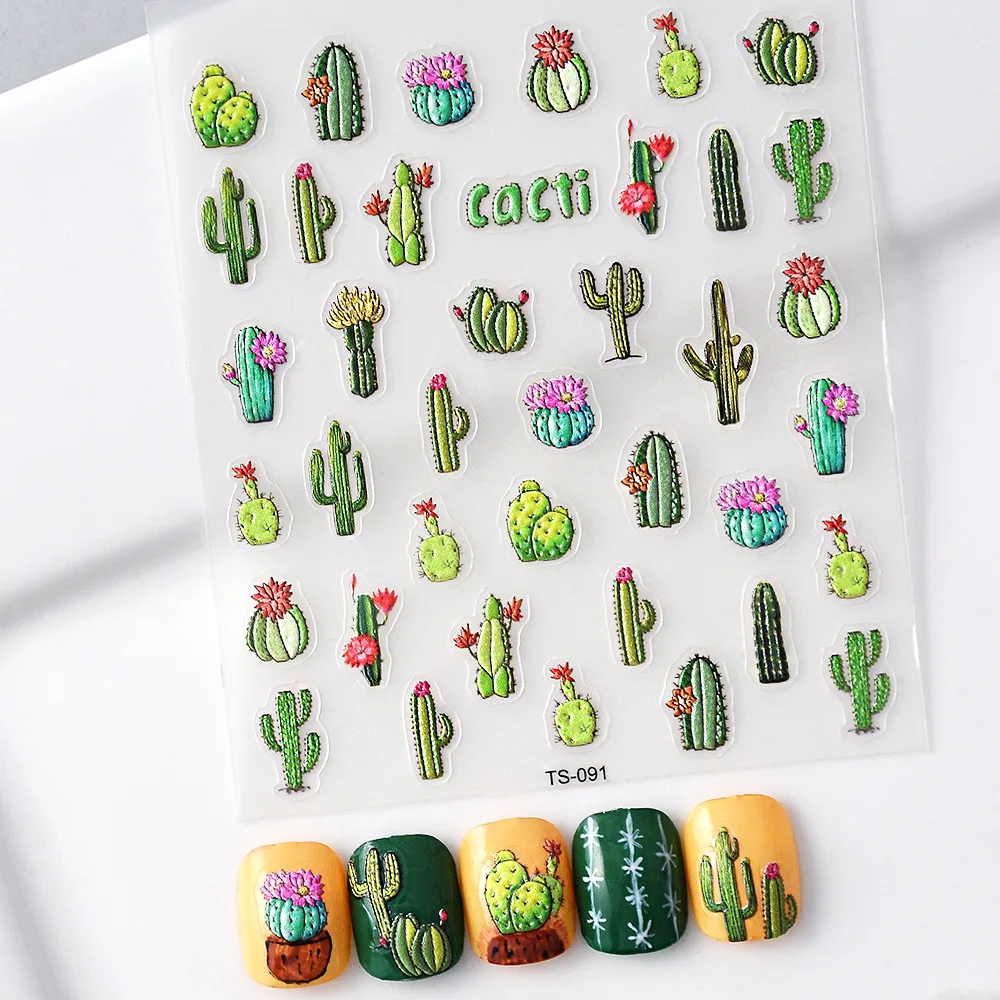 Green Colored Vivid Cactus Succulents Plants Series 3D Self Adhesive Nail Art Decoration Sticker DIY Manicure Decals Woman