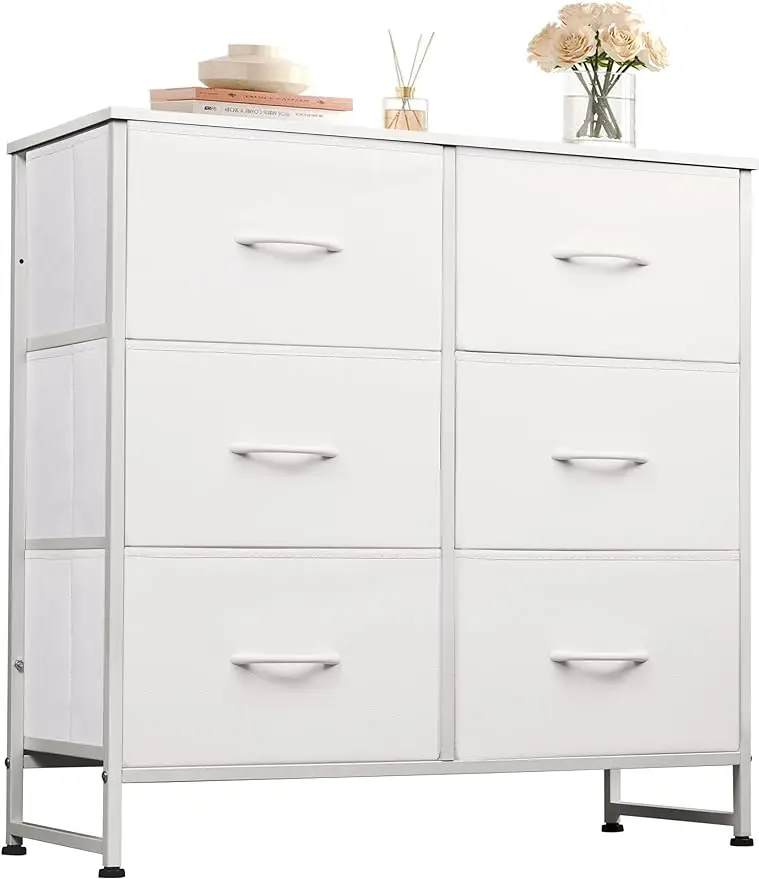 

Fabric dresser for bedroom, 6 drawer double dresser, storage tower with fabric chest, chest of drawers for wardrobe, white