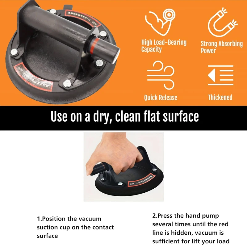 Can handle large glass, granite, tile, etc. Manual lifting suction cup, 8-inch rubber sole, plastic handle