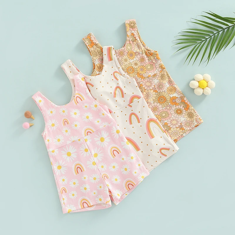 

Fashion Summer Toddler Newborn Girls Rompers Ribbed Sleeveless Flower/Rainbow Print Zipper Rompers Jumpsuits Shorts Pants