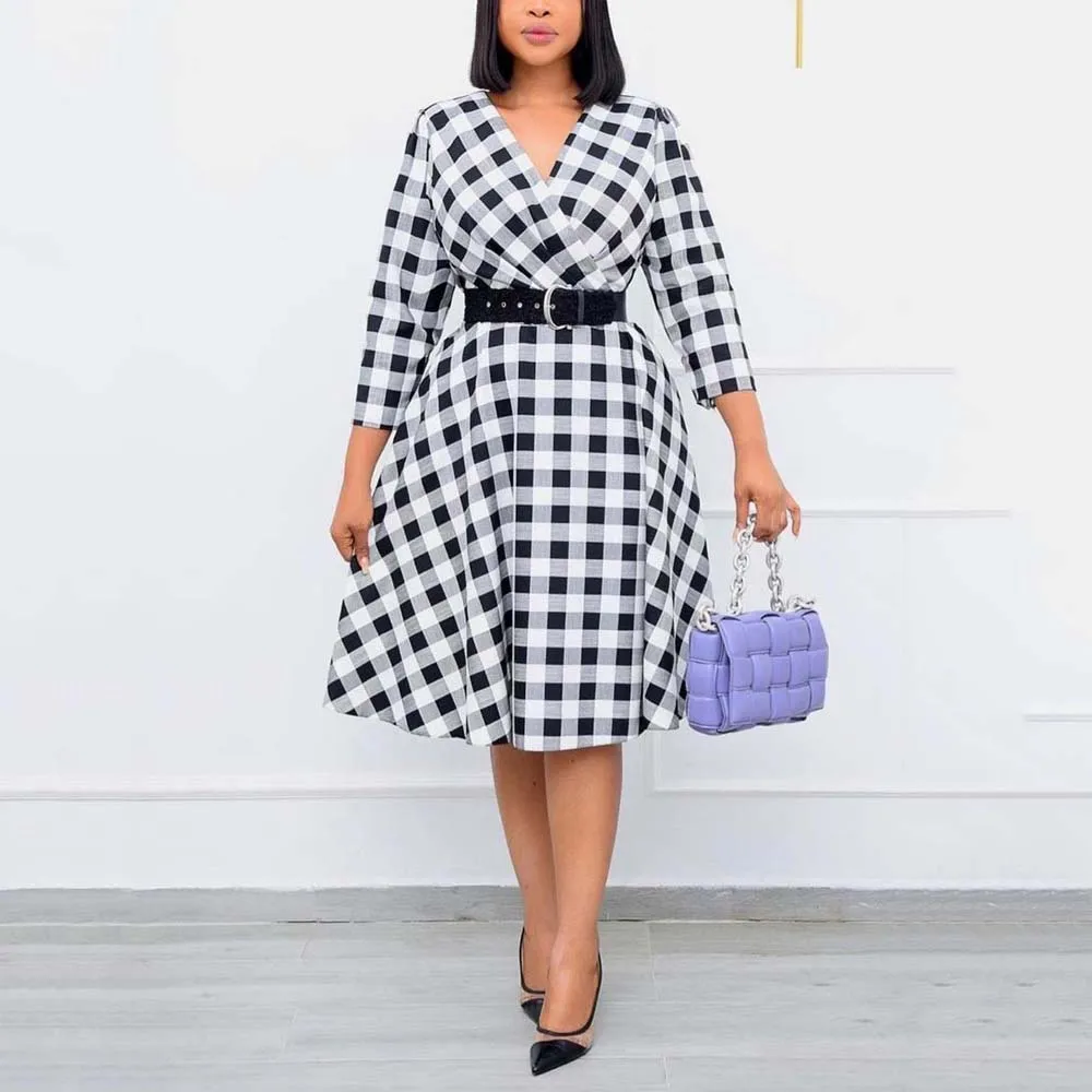 

Elegant Office Ladies Fashion Dresses Plaid Printed V Neck Full Sleeve High Waisted A Line Mid Calf Business Work Dress Clothes