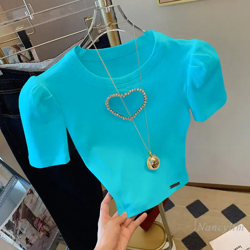 

High Waist Knit T-Shirts for Women Slim Fit Slimming Hollowed Heart Shape Rhinestone Short Sleeve Tshirt Summer 2023 Y2K Top