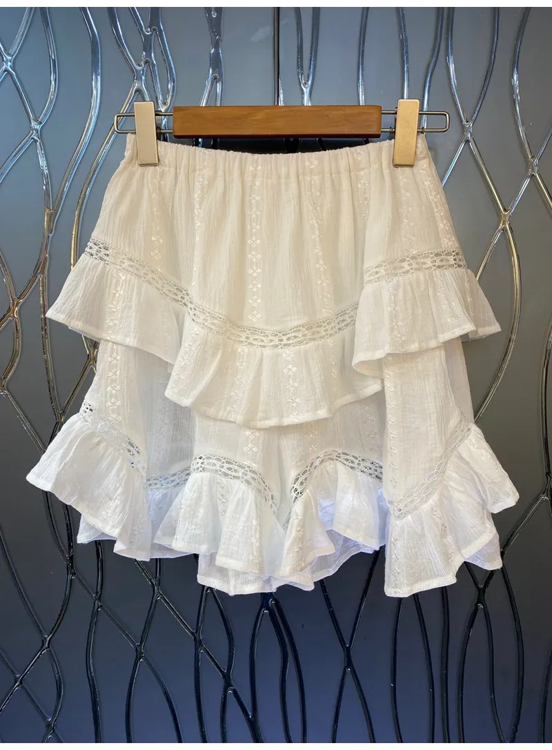 

100%Cotton Skirts 2022 Summer Fashion Style Skirts High Quality Ladies Elastic Waist Lace Patchwork Sexy Mini Gown Skirts Club