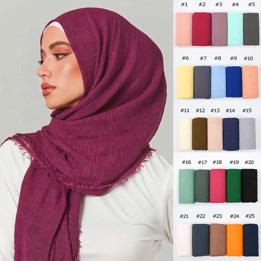 Women Muslim Cotton Hijab Shawls Scarf Crinkle Plain Soft Cotton Headscarf Islamic Head Wraps