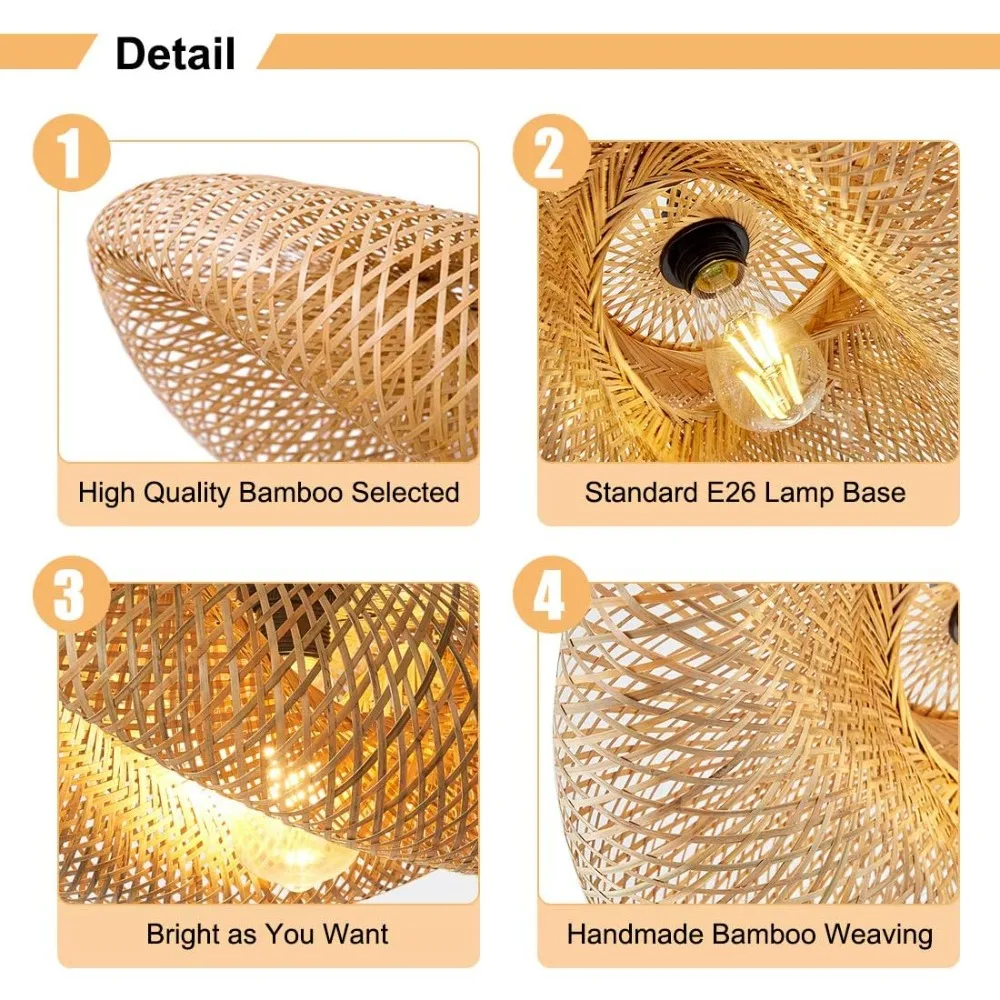 40-60cm Bamboo Handmade Pendant Chandelier Light Vintage Rattan Hanging Light Fixture for E27 Restaurant Bedroom Living Room