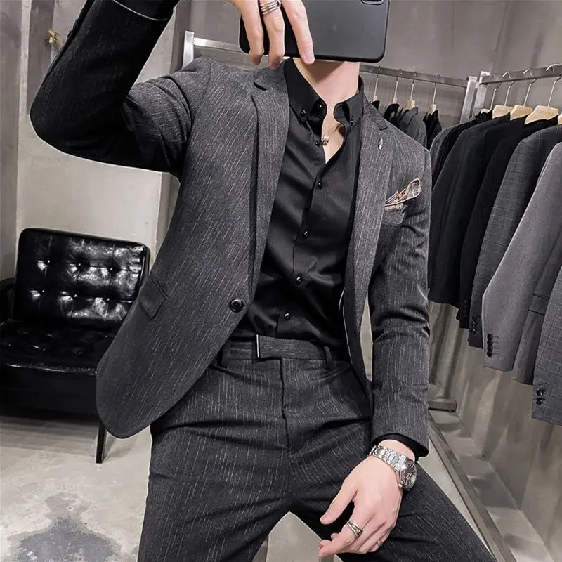 

2-B3 Suit suit men's handsome slim-fit suit dotted striped jacket bombing street yuppie formal dress three-piece set