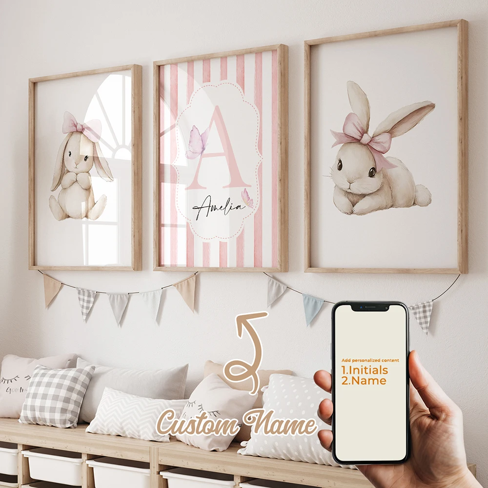3pcs Personalized Custom Name Cartoon Child pink rabbit Wall Art Print Picture Canvas Poster Painting For Living Room Home Decor 2