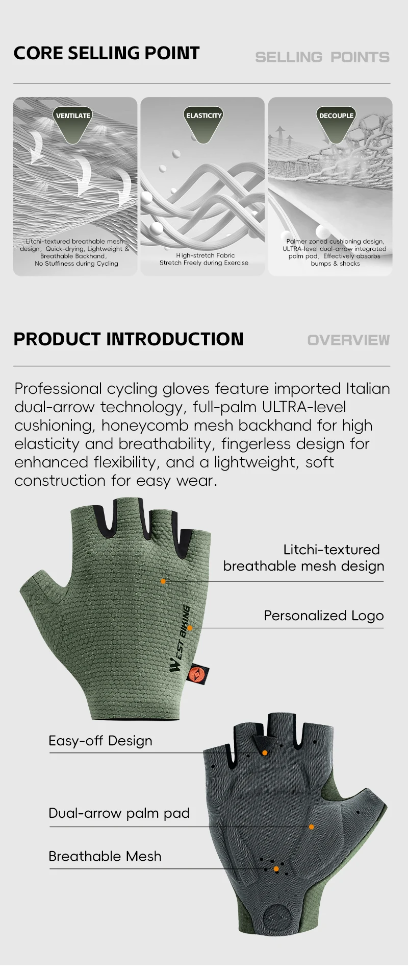 WEST BIKING Fahrradhandschuhe ELASTIC INTERFACE TEAM PALM 80 KG/m³ Polsterung Radfahrhandschuhe Unisex Rutschfeste Halbfinger-Fahrradhandschuhe – Detail 2