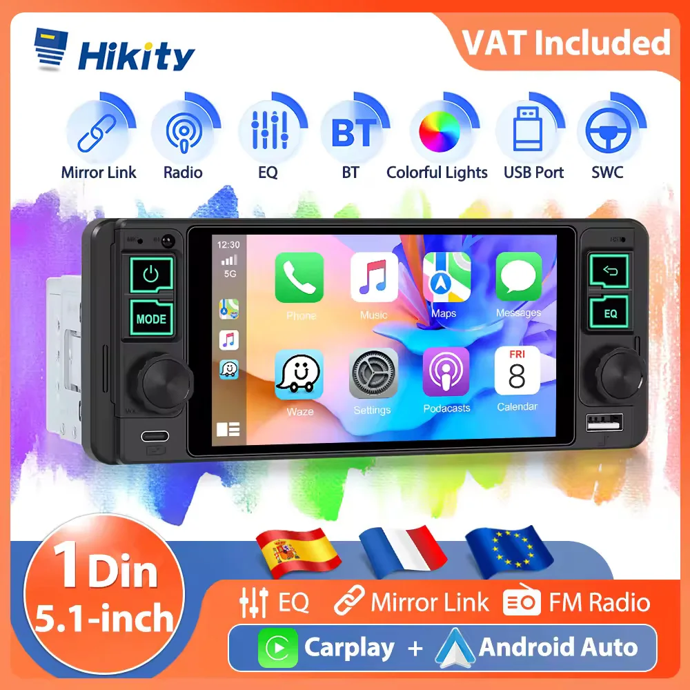 Hikity Autoradio Bluetooth 5.1 1 DIN - USB AUX FM MP3 Avec Télécommande Et Égaliseur
