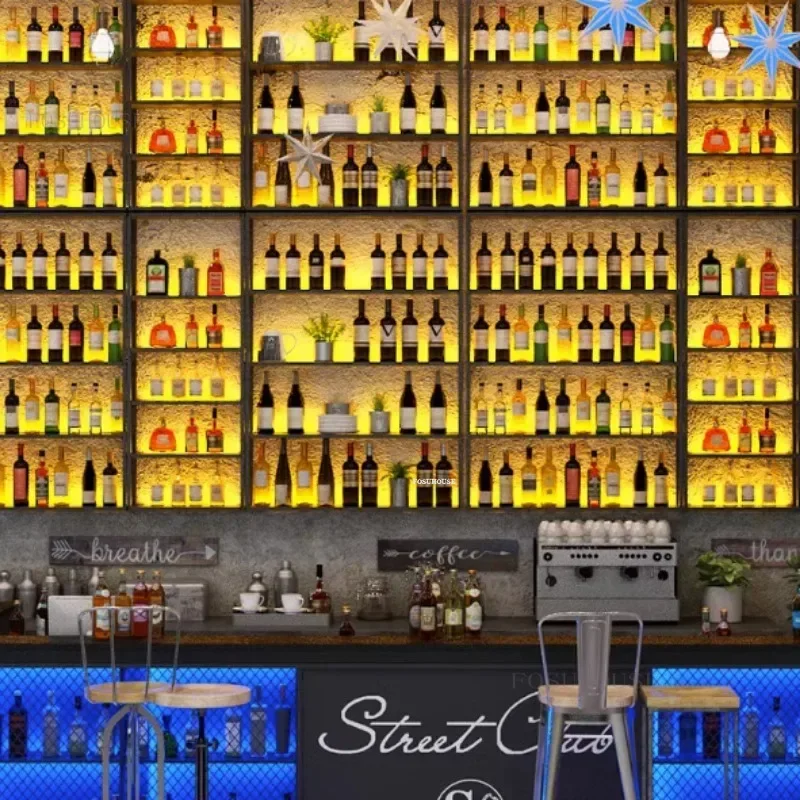 Wrought Iron Wall-mounted Bar Wine Display Cabinets for Living Room Restaurant Bar Home Showcase Industrial Wine Rack with LED s