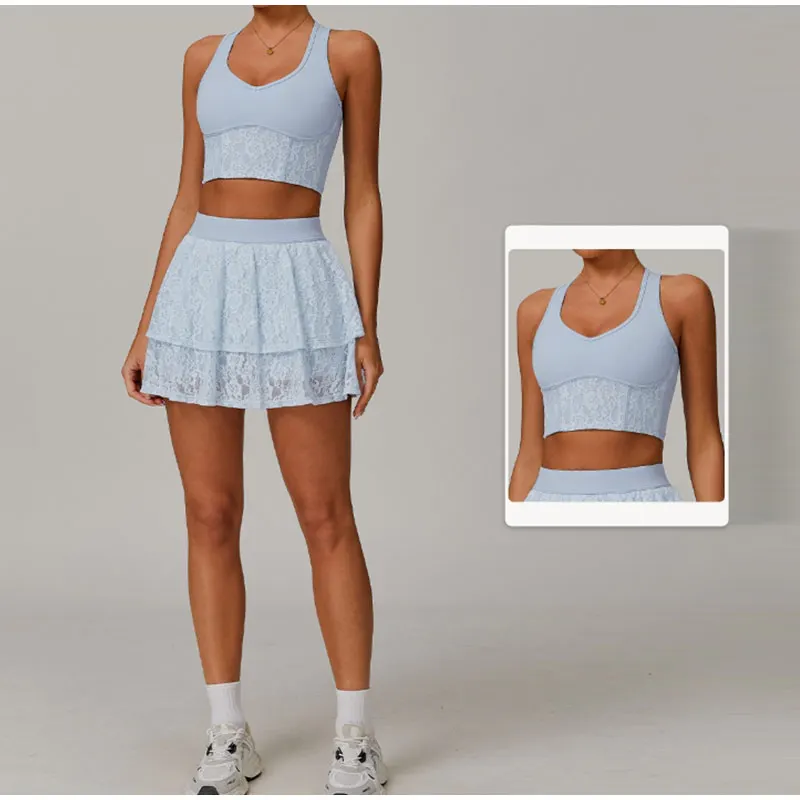 Description Picture 3 of itemNew Style Lace Nude Yoga Short Skirt for Women Anti Glare Mesh Breathable Sports Short Skirt High Waist Short Pants with Pocket