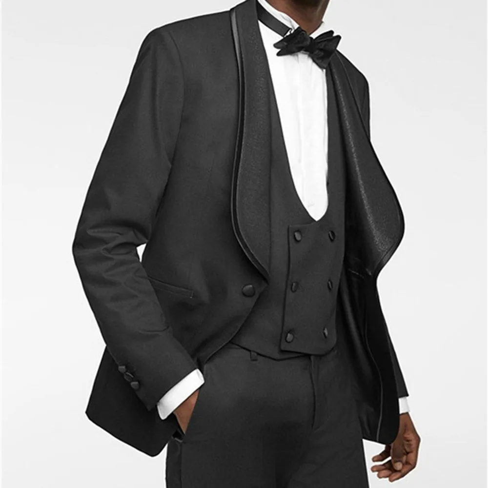 

3 Piece Black Men Suits Formal Wedding Tuxedo Shawl Lapel Coat +Vest+Pants Male Fashion Costume Custom Size