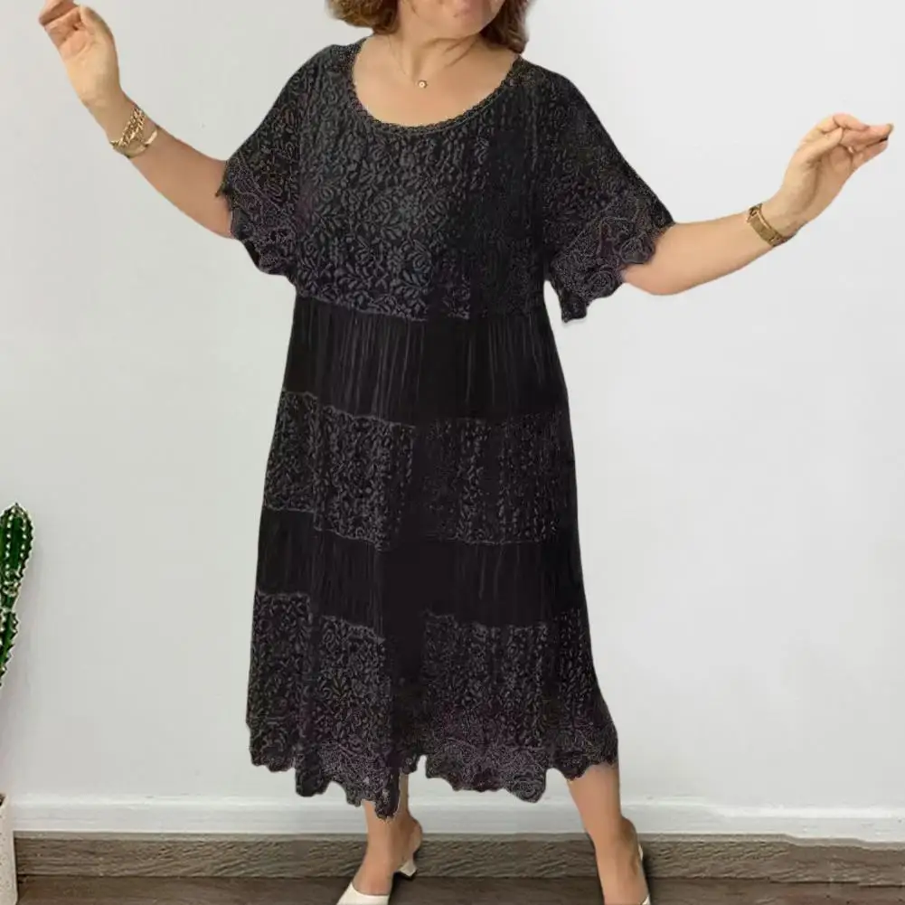 

Women Lace Dress For Summer Patchwork O Neck Short Sleeves Lady Loose Dress Hollow Out Flower Embroidery Pleated Dating Dress