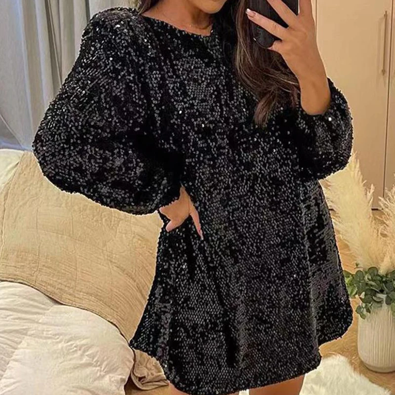 

We.Fine Woman Sequin Backless Short Dress With Fashion Long Sleeve Bow O Neck Autumn Elegant Female Party Streetwear 2023