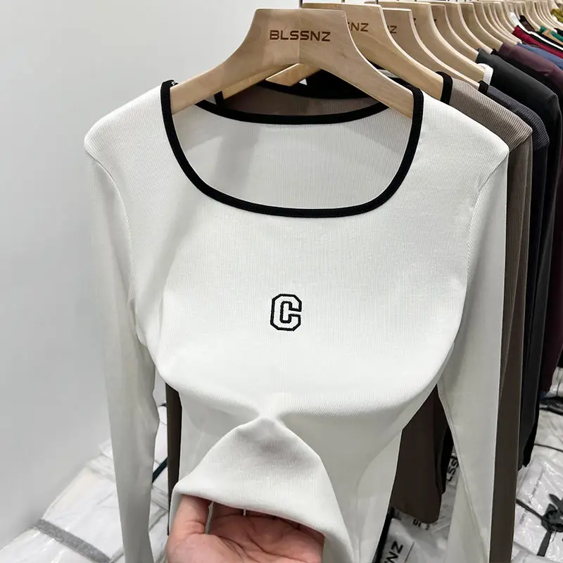 

Solid Square Collar Pullovers Long Sleeve Embroidered Letter Fashion Slim Simplicity Undercoat Autumn Thin Sweet Women Clothing