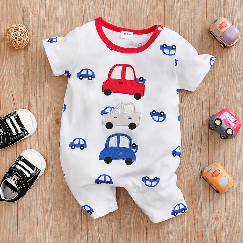 Summer Boys And Girls Cute Cartoon Car Embroidery Cotton Comfortable Casual Short Sleeve Baby Bodysuit baby rompers,baby jumpsuit,cotton jumpsuit,baby clothing,cotton onesies