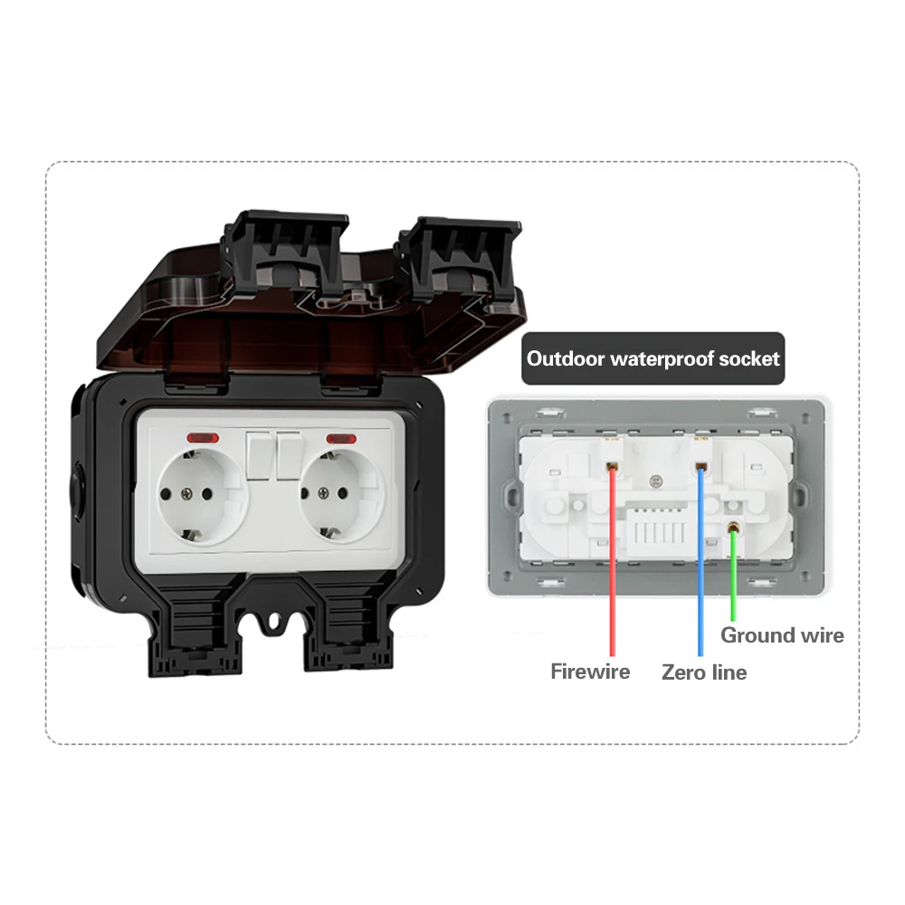 Waterproof Socket EU Plug IP66 Outdoor Socket Box 16A Wall Switch European Standard Dustproof Waterproof Exterior Plug