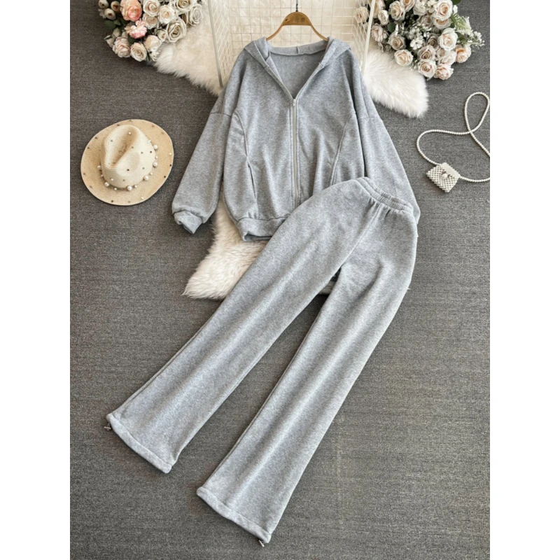 

Spring Autumn Women's Sets Korean Style Solid Color Hooded Drop Sleeve Outerwear & High Waist Straight Wide Leg Pants Suit