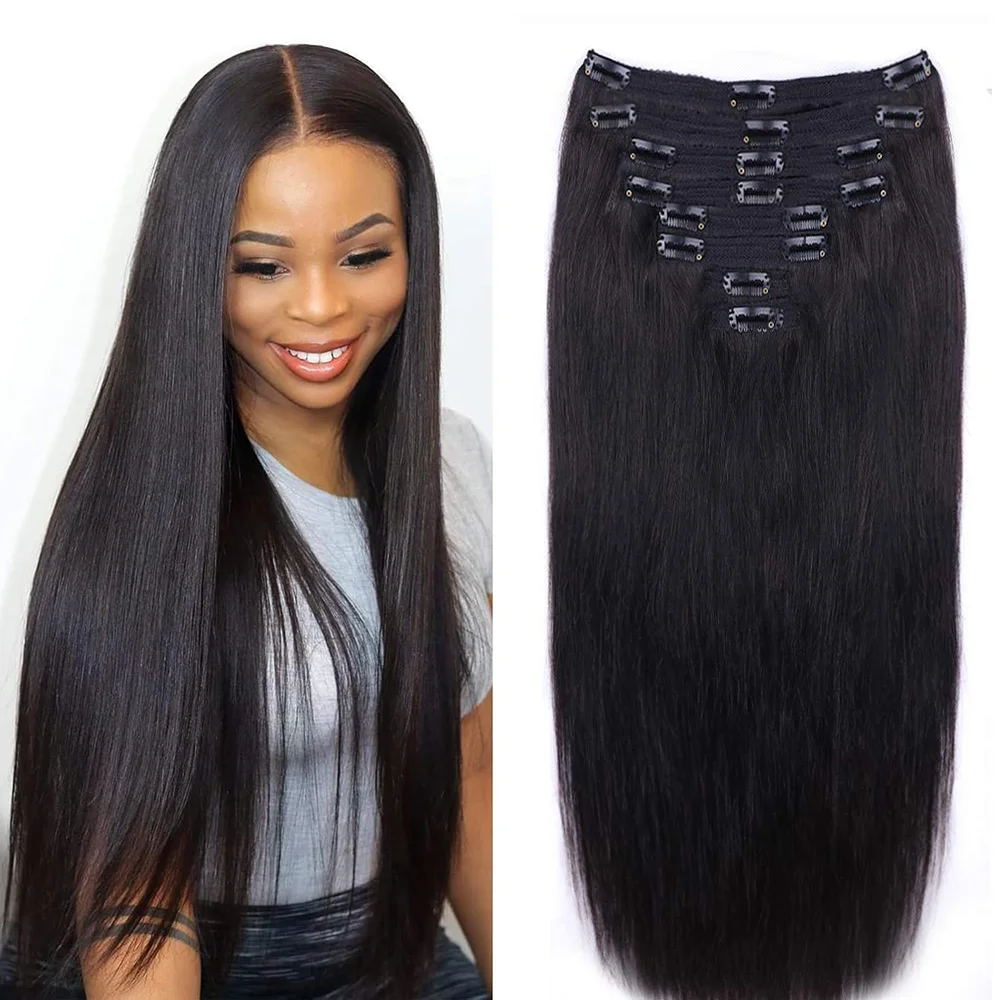 Clip In Hair Extension Human Hair Long Straight 8Pcs/Set 120G Natural Black Seamless Invisible Brazilian Virgin Full Head