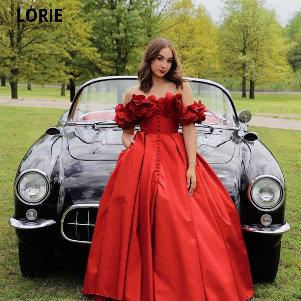 

LORIE Red A-line Satin V-Strapless Evening Dresses 3D Flowers Buttons Slit Prom Dresses Vestidos Para Mujer Formal Party Dresses
