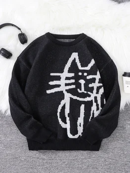 Autumn and Winter Abstract Kitten Jacquard Pattern Pullover Sweater Casual Round Neck Knitted Men's Pullover