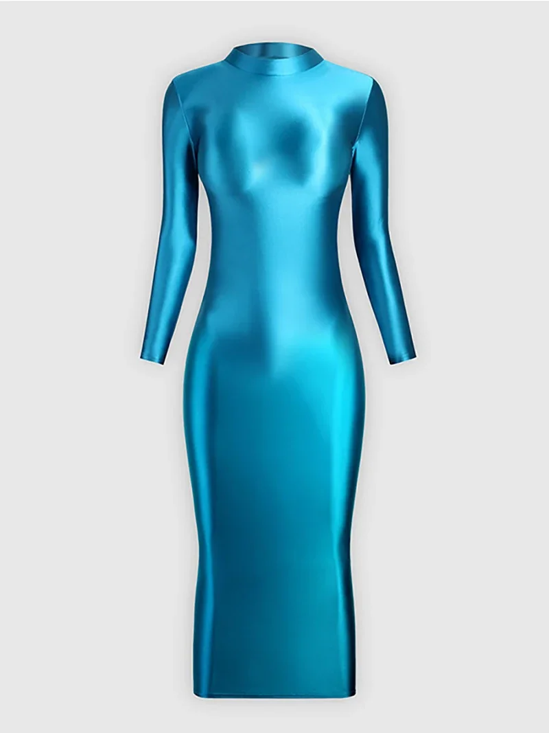 Girl dance costume Women Glossy Shiny Buttocks Sexy Jumpsuit Elastic Silk Smooth Dress High Neck Long Sleeve Dancewear Night Club Party Costume