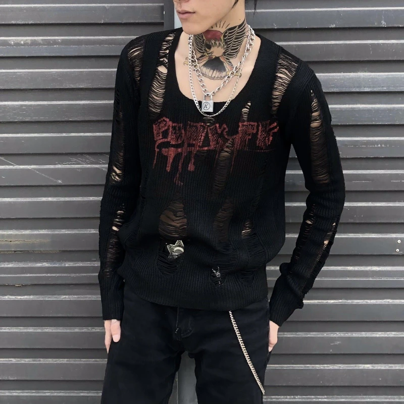 

Wasteland Style Destroyed Tassel Distressed Ripped Ragged Hip Hop Slim Men's and Women's Halloween Knitwear Sweater