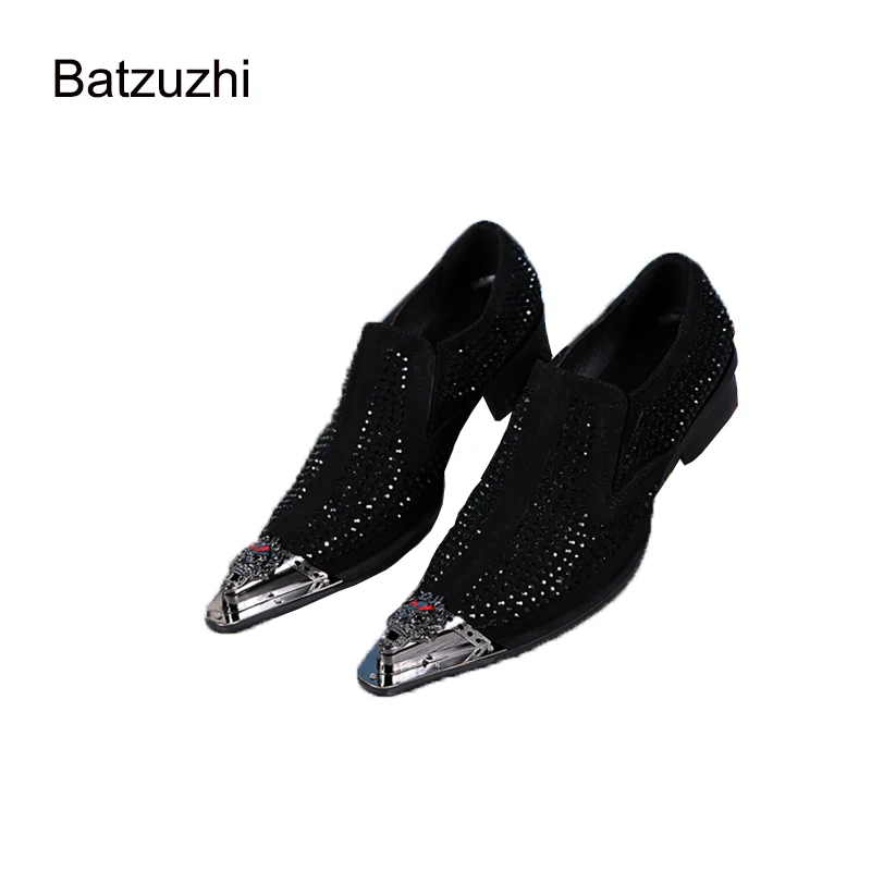 Batzuzhi Luxury Design Men's Shoes Pointed Iron Toe Black/Red Rhinestone Leather Dress Shoes Men for Party and Wedding Male!