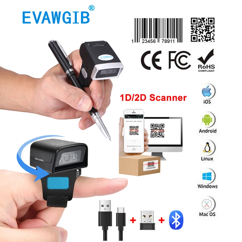 Qr Code 1D/2D Scanner Ad Anello Scanner Indossabile Lettore Di Codici A Barre Per Dita Scanner Di Codici A Barre Bluetooth Scanner Di Codici A Barre P