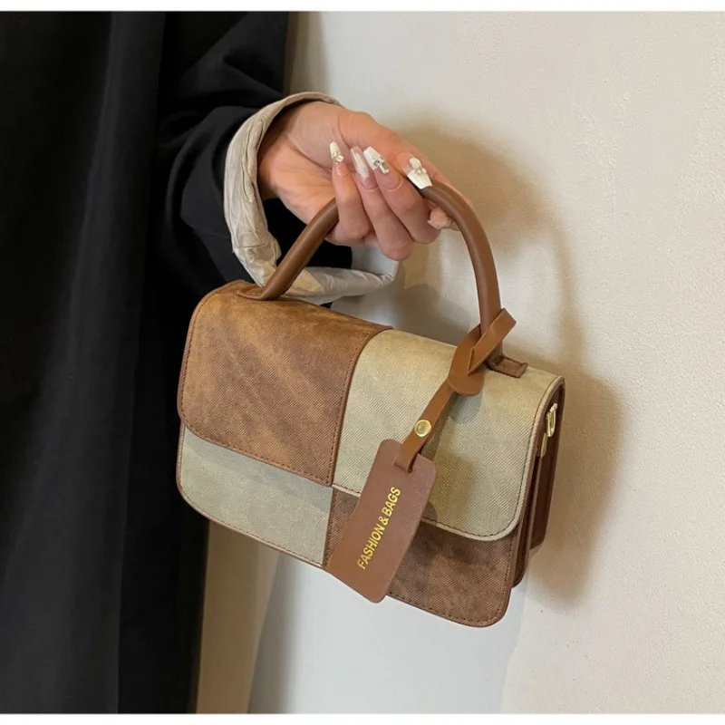 Women Handbag Crossbody Bag PU Leather Color Blocking Design Denim Surface Fashion Ladies Top-Handle Commuter Tote Girl Purses
